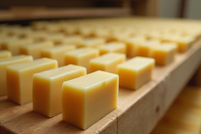 Rows of freshly made, unwrapped soap bars curing on ventilated wooden racks.