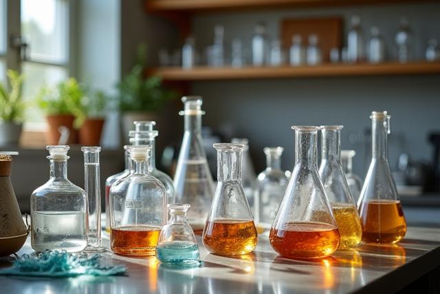 A clean, well-organized laboratory space with beakers, measuring tools, and botanical extracts.