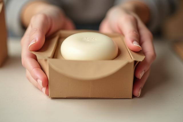 A team member's hands delicately wrapping a finished skincare product in sustainable packaging.
