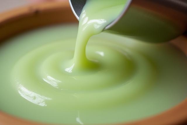 Close-up of artisan soap being carefully poured into wooden molds by hand.