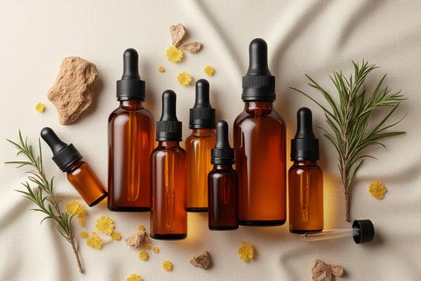 Assortment of amber glass dropper bottles filled with essential oils, artfully arranged on a rustic wooden surface.