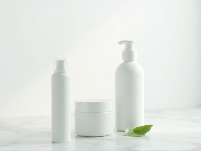 Minimalist skincare bottles on a marble surface with a green tea leaf
