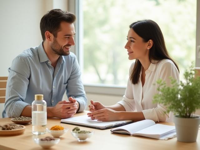 Two professionals discussing product formulations and packaging, with natural ingredients and lab equipment on a table.