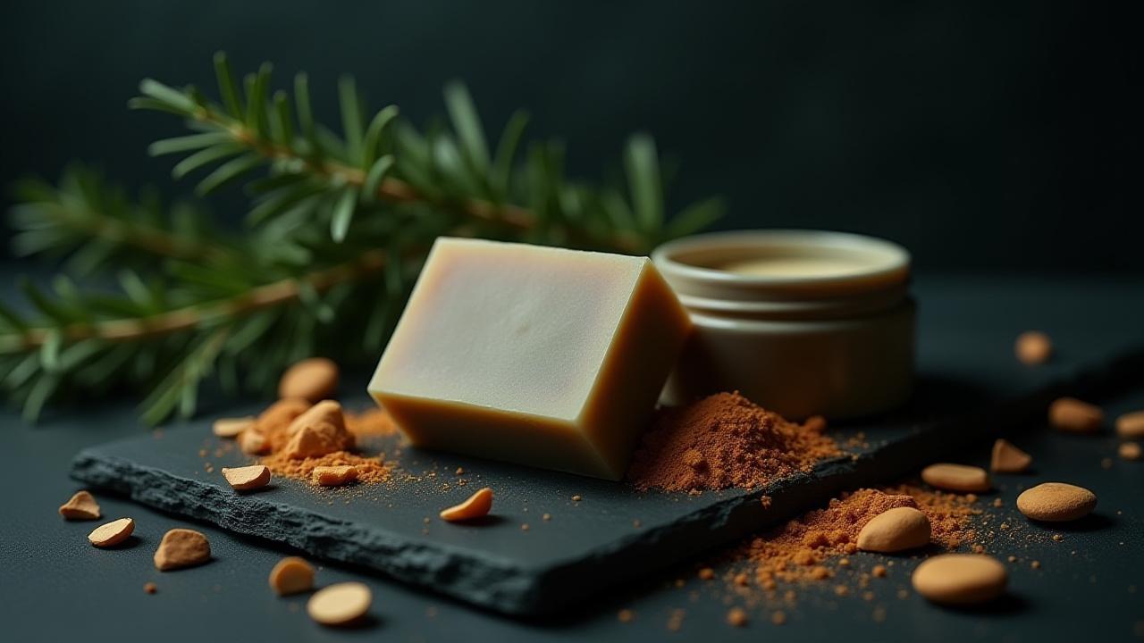 Stylish men's grooming products on a dark slate background, featuring soap bars and balms.