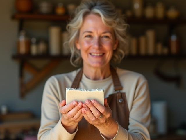 Geraldine Potoker smiling in her clean, organized Wanamassa workshop, surrounded by natural skincare ingredients