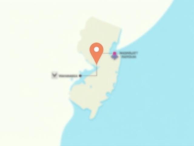 Stylized map of New Jersey with pins on Wanamassa, a lavender farm, and a shore town