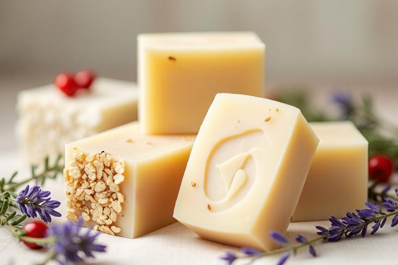 Group shot of Geraldine Potoker NJ Artisan Collection soaps with botanical elements